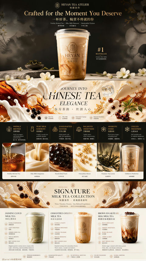 禾岩茶研所东方奢华奶茶详情页海报 - AI图片提示词示例