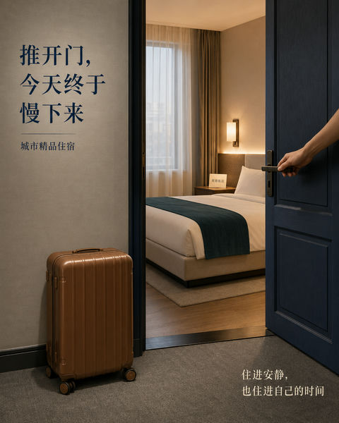 推开门后的静谧时光精品酒店海报 - AI图片提示词示例