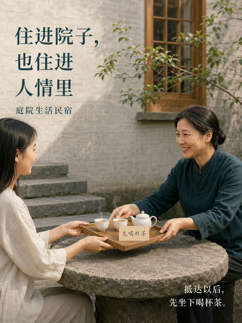 庭院里的温情接待：住进人情里的民宿海报 - AI图片提示词示例