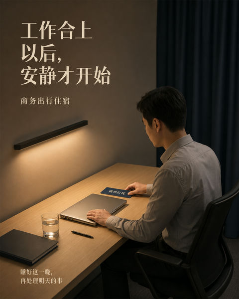 商务酒店海报：合上工作的宁静边界 - AI图片提示词示例