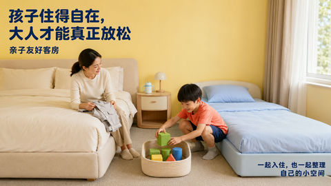 亲子酒店海报：孩子自在大人放松 - AI图片提示词示例