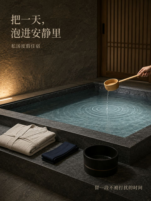 极简私汤禅意空间与静谧涟漪美学 - AI图片提示词示例
