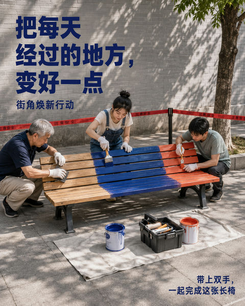 街角居民合力焕新长椅行动海报 - AI图片提示词示例