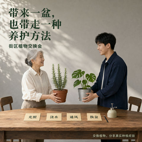 社区植物交换会：带来一盆带走一种方法 - AI图片提示词示例