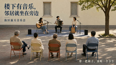 社区午后音乐会：楼下有音乐邻居在身旁 - AI图片提示词示例