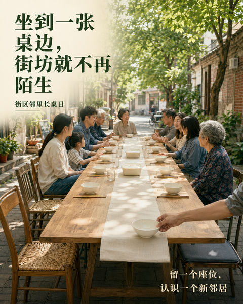 街坊邻里长桌日：坐在一起就不再陌生 - AI图片提示词示例
