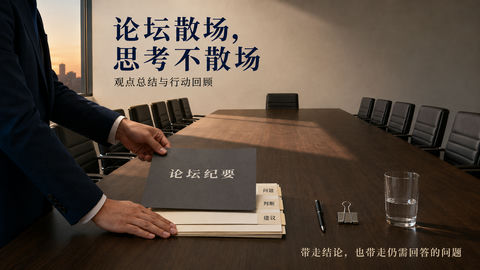 论坛散场思考延续：深木色会议室总结海报 - AI图片提示词示例