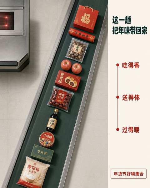 超市传送带年货节创意路径海报 - AI图片提示词示例