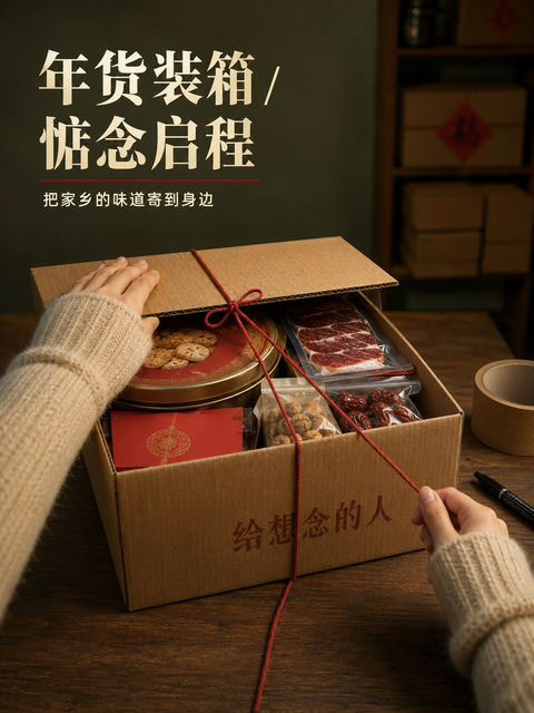快递箱里的家乡味：年货节情感视觉海报 - AI图片提示词示例