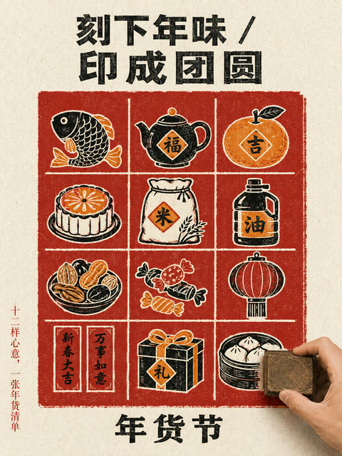 手作木刻套色年货清单海报 - AI图片提示词示例