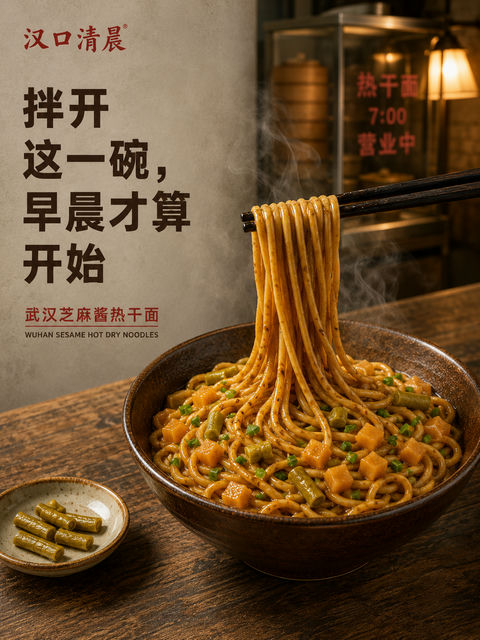 汉口清晨热干面商业海报：搅拌出的江城烟火气 - AI图片提示词示例