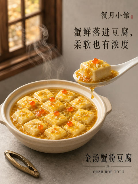 蟹月小馆金汤蟹粉豆腐商业美食海报 - AI图片提示词示例