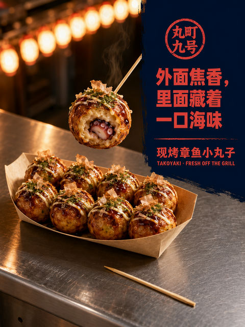 深夜街头烟火气：丸町九号章鱼烧海报 - AI图片提示词示例