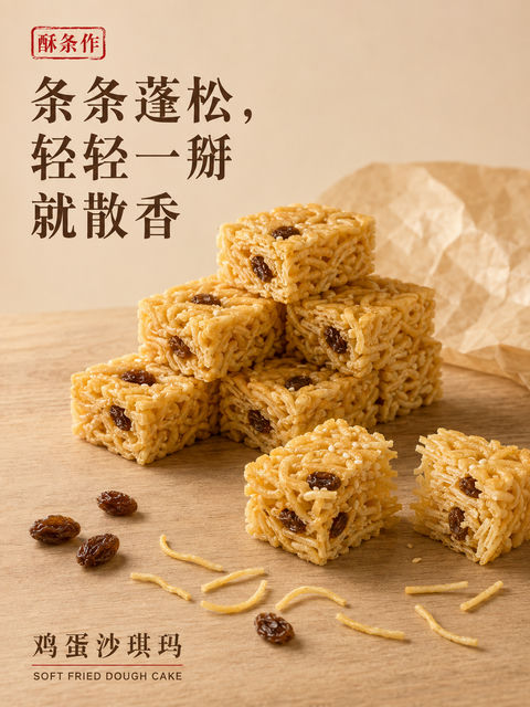酥条作中式糕点极简风商业摄影海报 - AI图片提示词示例
