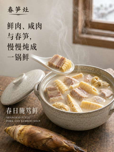 春笋灶品牌海报：江南慢炖腌笃鲜的极致鲜味 - AI图片提示词示例