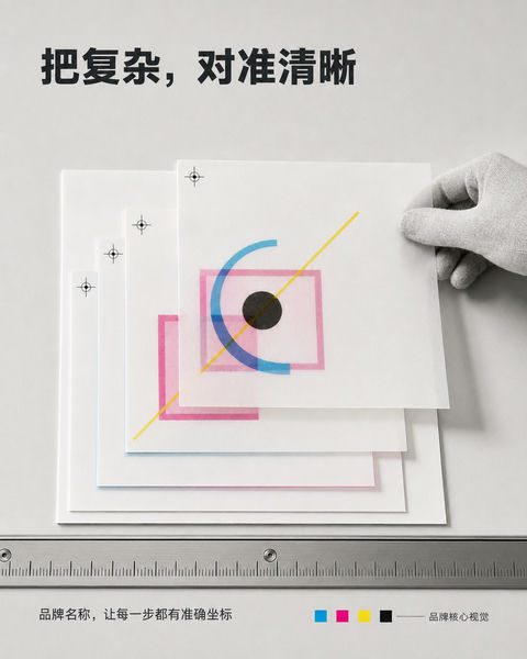 精准校准：四色叠合构筑品牌视觉核心 - AI图片提示词示例