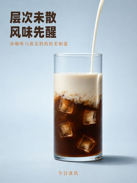 夏日清凉燕麦拿铁层次感海报 - AI图片提示词示例