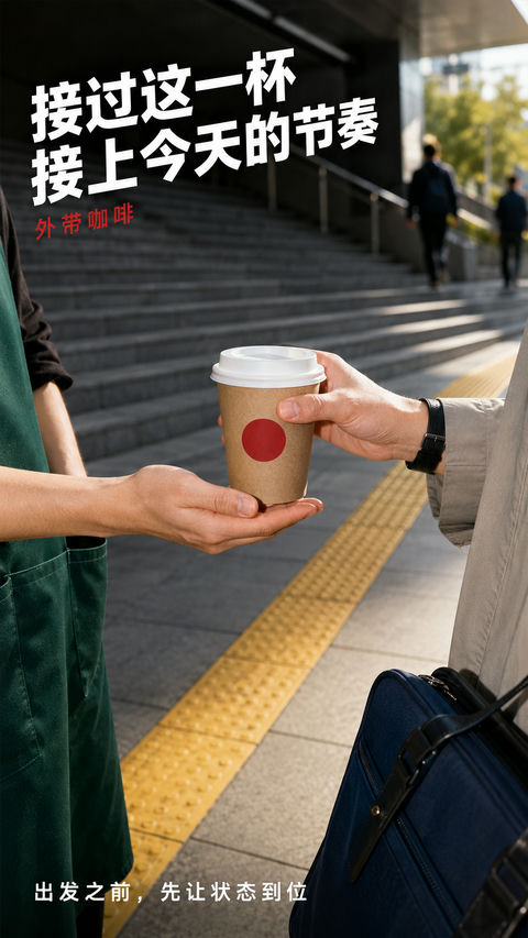 清晨地铁站外的咖啡交接瞬间 - AI图片提示词示例