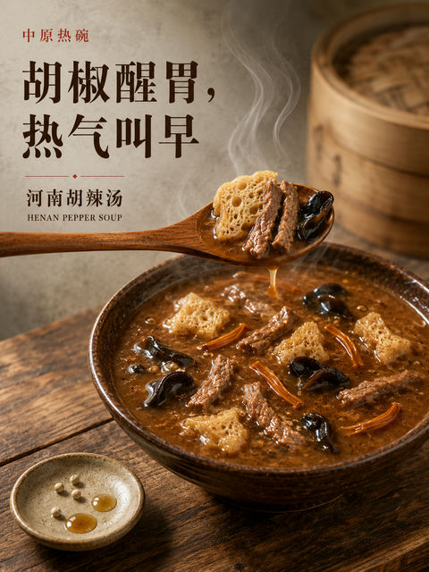 冬日清晨中原热碗河南胡辣汤海报 - AI图片提示词示例