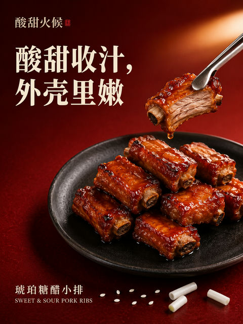 琥珀流光酸甜火候中式餐饮海报 - AI图片提示词示例
