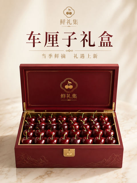 奢华车厘子礼盒高端节令果礼视觉 - AI图片提示词示例