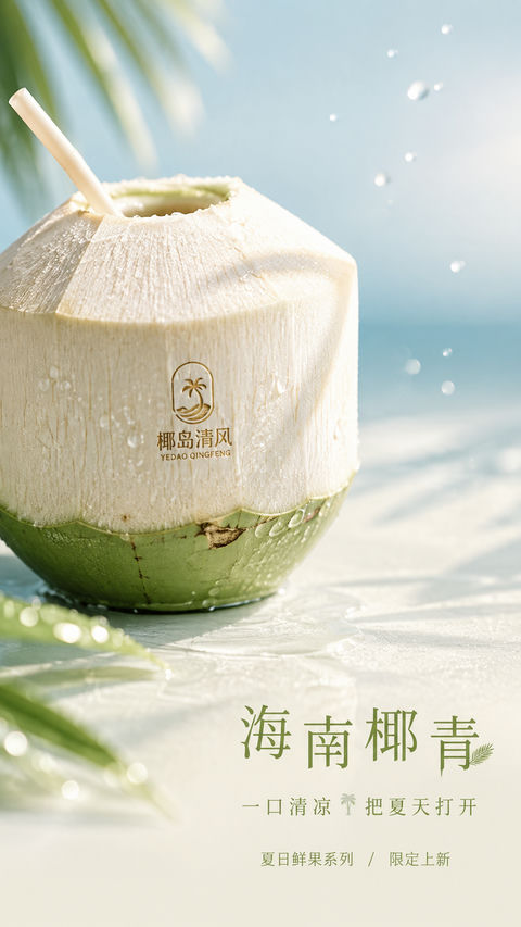 海岛晨光下的椰青清凉度假风商业KV - AI图片提示词示例