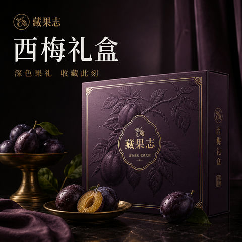 极简暗调西梅礼盒品牌视觉大片 - AI图片提示词示例