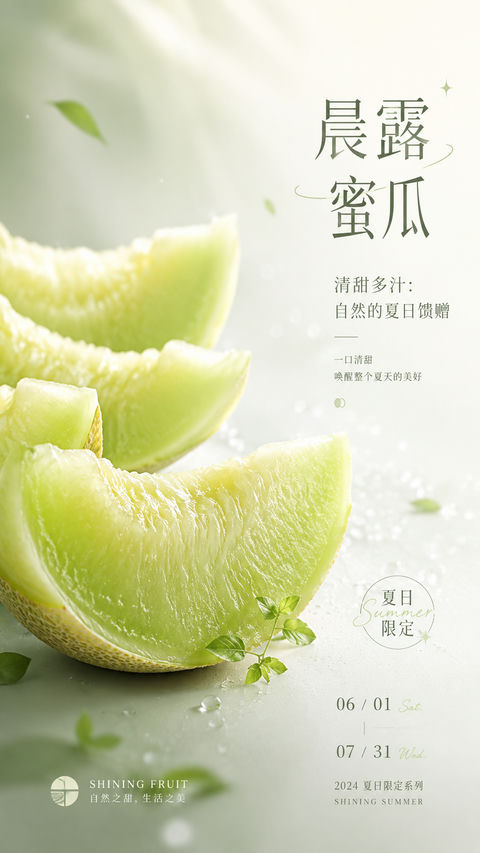 夏日清晨哈密瓜清爽品牌开屏海报 - AI图片提示词示例