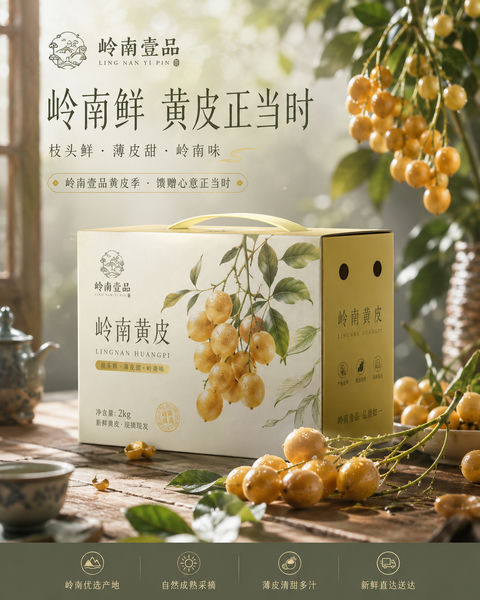 岭南清晨的黄皮鲜果礼盒品牌海报 - AI图片提示词示例