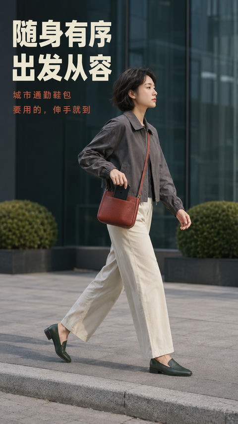 都市女性通勤鞋包轻量化海报 - AI图片提示词示例