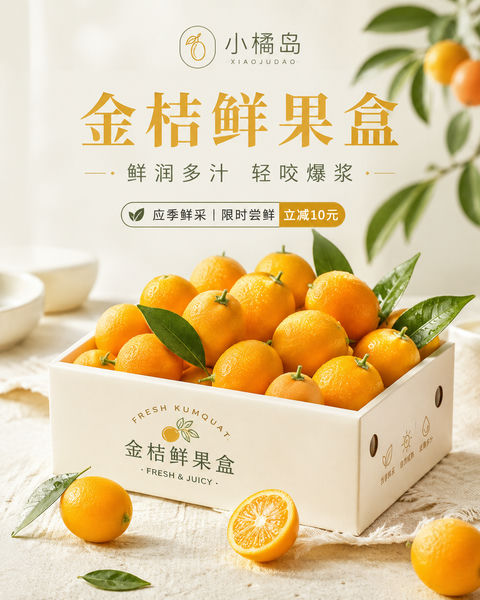 金桔鲜果礼盒清新社媒品牌视觉海报 - AI图片提示词示例