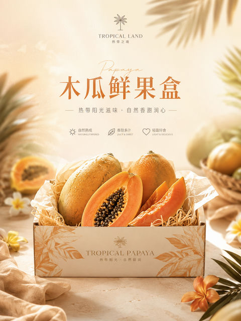 柔光木瓜鲜果盒新品发布视觉海报 - AI图片提示词示例
