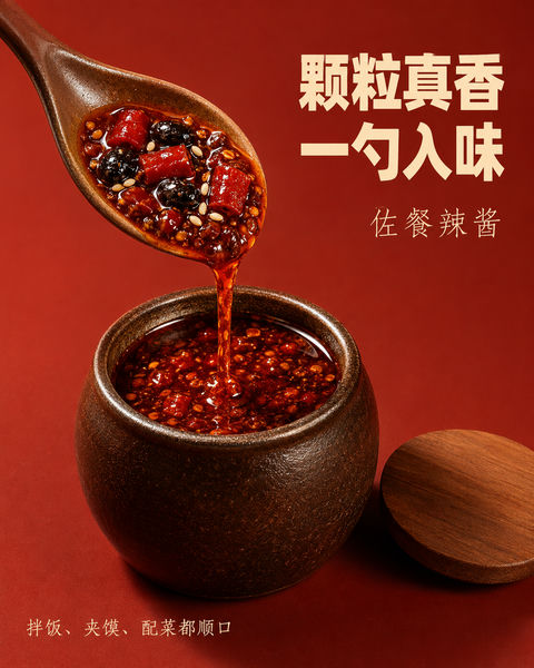颗粒分明酱香浓郁商用辣酱海报 - AI图片提示词示例