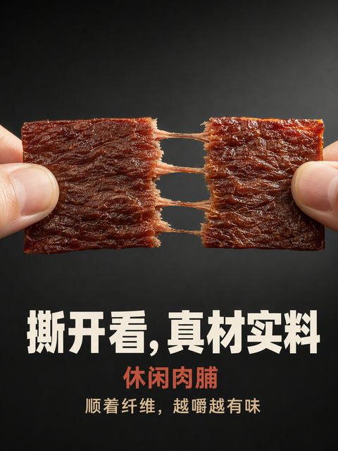 真实纤维质感微距肉脯商业摄影海报 - AI图片提示词示例