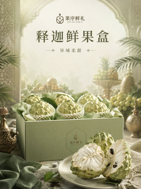 异域柔奢释迦鲜果盒品牌视觉大片 - AI图片提示词示例