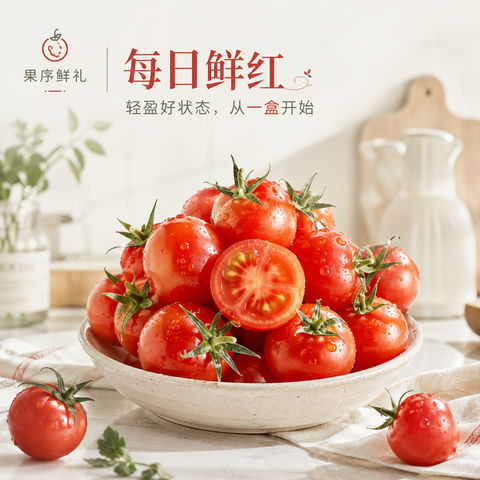 极致透亮圣女果：轻盈高质感品牌KV - AI图片提示词示例