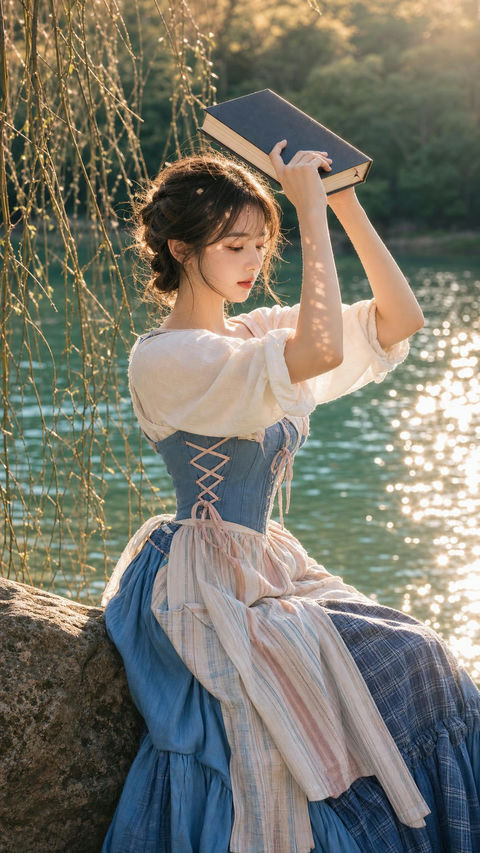 极致真实感绝美田园风少女湖畔人像 - AI图片提示词示例