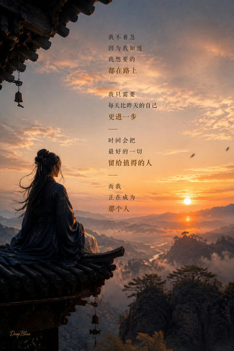 東方哲思古寺夕陽漢服寫實攝影 - AI图片提示词示例