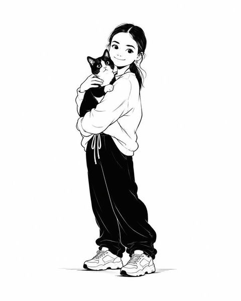 极简黑白时尚插画角色设计 - AI图片提示词示例