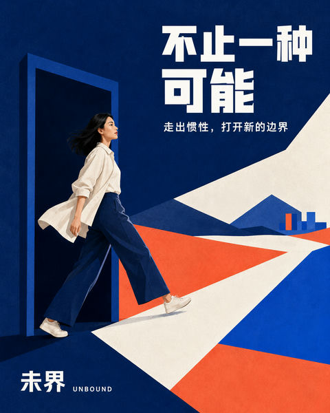 未界品牌态度海报：打破惯性发现可能 - AI图片提示词示例