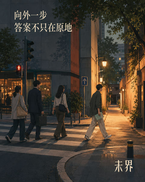 未界品牌商业插画：向外一步的城市抉择 - AI图片提示词示例