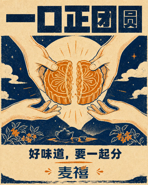 麦禧中秋：月饼分享瞬间的丝网版画插画 - AI图片提示词示例