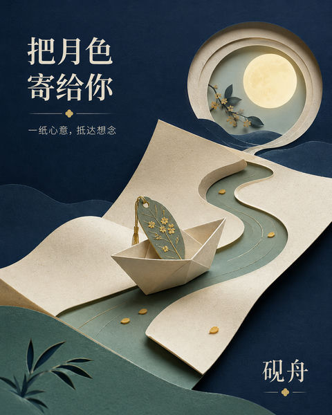 砚舟中秋纸雕插画：折一封情深意切的思念信 - AI图片提示词示例