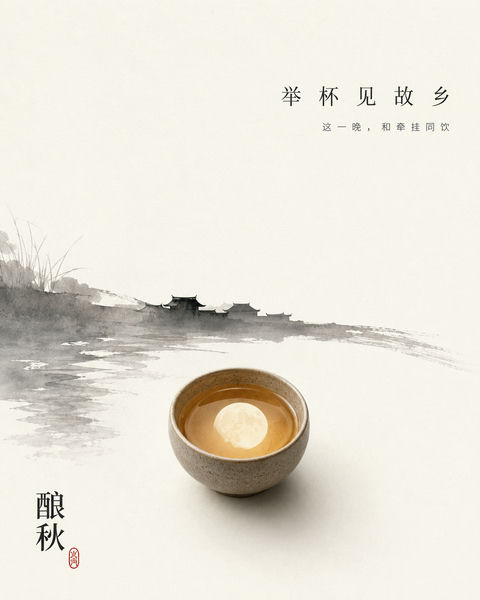 水墨留白意蕴酿秋中秋品牌插画 - AI图片提示词示例