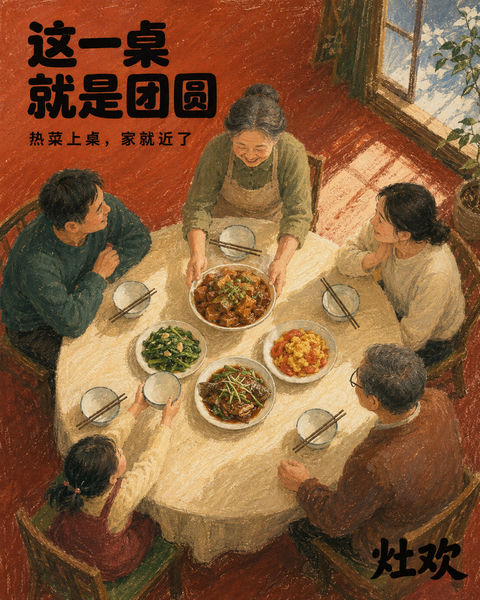 灶欢中秋暖心插画：热菜上桌即是团圆 - AI图片提示词示例