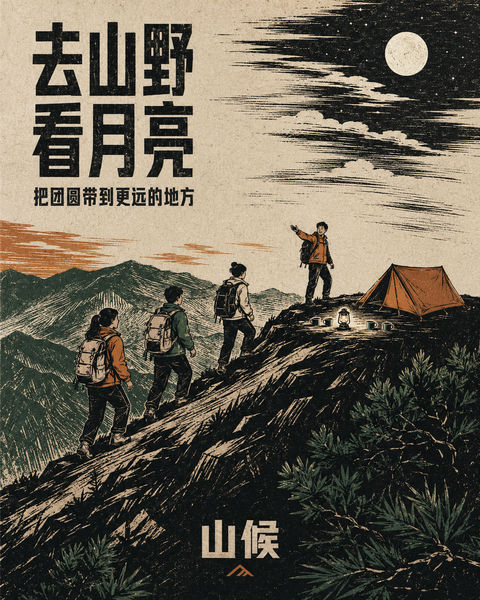 山候户外品牌中秋木刻版画插画 - AI图片提示词示例