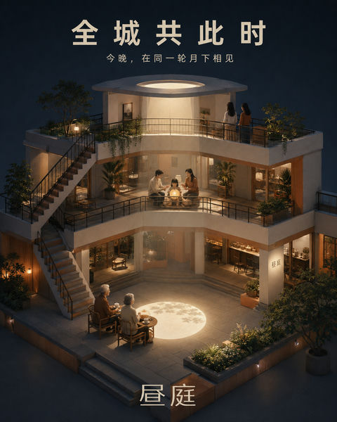 昼庭中秋城市商业空间等距微缩插画 - AI图片提示词示例