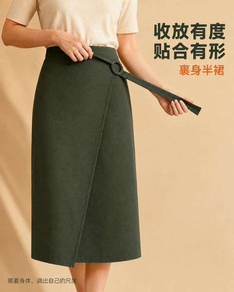 优雅剪裁：墨绿裹身裙的结构之美 - AI图片提示词示例