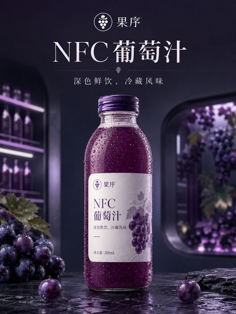 深色典藏级NFC葡萄汁品牌视觉海报 - AI图片提示词示例