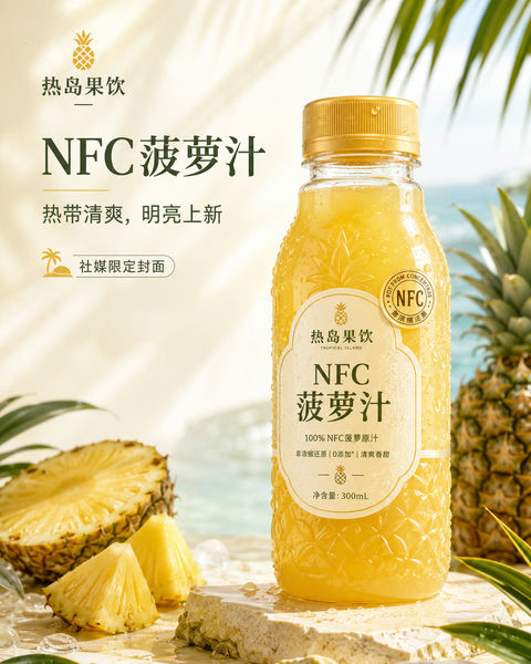 热带清爽感NFC菠萝汁社媒品牌KV主视觉 - AI图片提示词示例